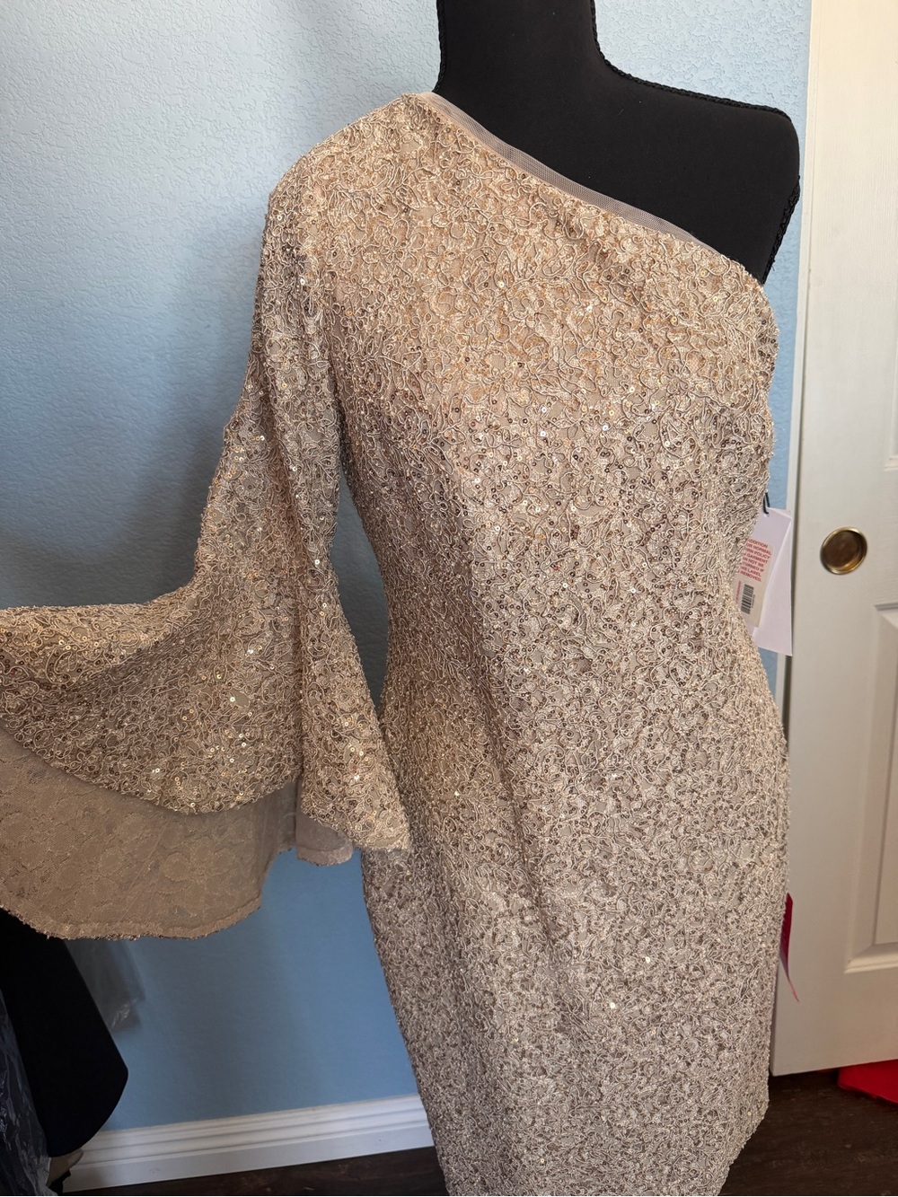Calvin Klein One-Shoulder Sequin Lace Dress in Champagne